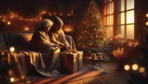 Scene intime de Noel : deux adultes anonymes partagent un coffret sur leurs genoux, lumiere chaude, textures bois et laine. idee cadeau noel parents, coffret cadeau, moment chaleureux