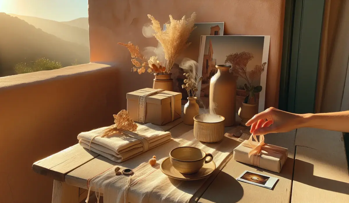 tasse fumante et paquet cadeau sur table bois, polaroids flous, lumiere doree, lin, ceramique — cadeau soeur