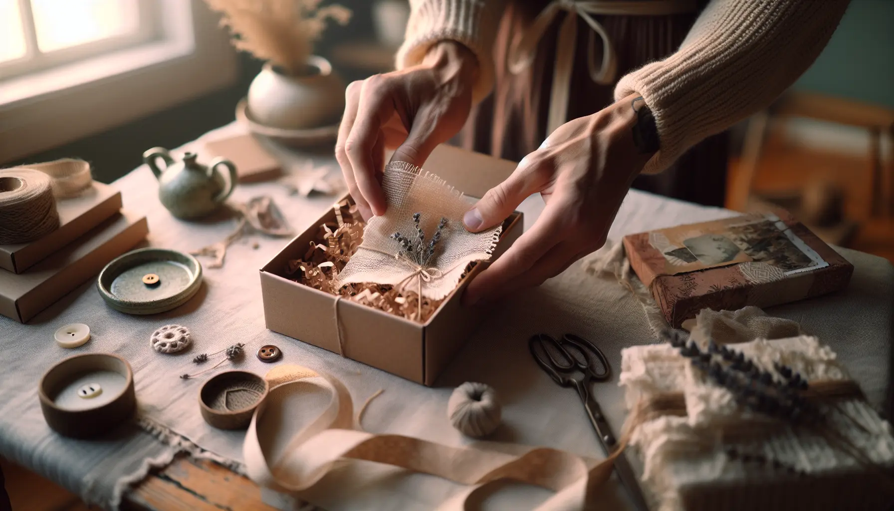 mains ouvrant boite artisanale garnie de papier de soie et petite carte manuscrite, interieur cosy flou, lumiere matinale — unboxing artisanat