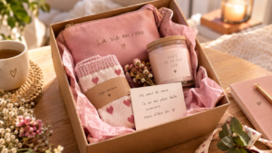 Cadeau pour ma sœur avec pochette La Vie en Rose, chaussettes et bougie Love Is in the Air