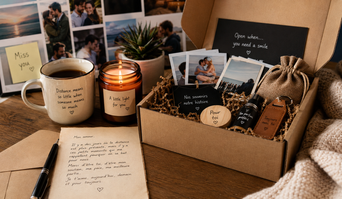 Coffret cadeau personnalisé pour relation à distance avec photos, lettre d'amour et objets sentimentaux.