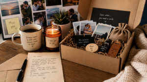 Coffret cadeau personnalisé pour relation à distance avec photos, lettre d'amour et objets sentimentaux.