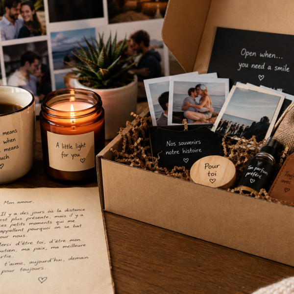 Coffret cadeau personnalisé pour relation à distance avec photos, lettre d'amour et objets sentimentaux.