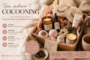 Coffret cadeau cocooning avec bougie, huile de massage, masque visage, masque de sommeil et boules de bain