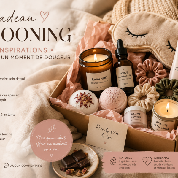 Coffret cadeau cocooning avec bougie, huile de massage, masque visage, masque de sommeil et boules de bain
