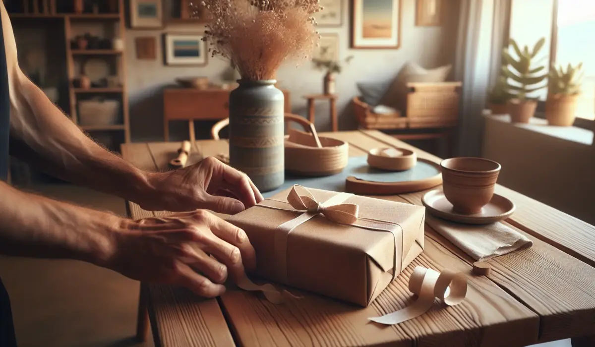 Elegant gift box on a light wooden table with warm golden light, anonymous hand tying a ribbon in a cozy Mediterranean interior. keywords: livraison cadeau, emballage cadeau, surprise