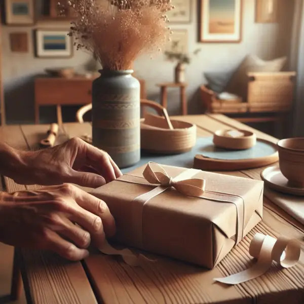 Elegant gift box on a light wooden table with warm golden light, anonymous hand tying a ribbon in a cozy Mediterranean interior. keywords: livraison cadeau, emballage cadeau, surprise