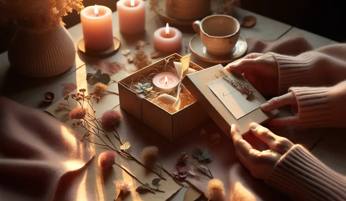 Box romantique ouverte sur table en bois, carte manuscrite touchee par une main, bougie et fleurs, cadeau romantique, box romantique