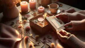 Box romantique ouverte sur table en bois, carte manuscrite touchee par une main, bougie et fleurs, cadeau romantique, box romantique