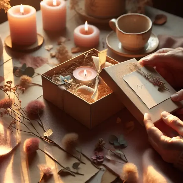 Box romantique ouverte sur table en bois, carte manuscrite touchee par une main, bougie et fleurs, cadeau romantique, box romantique