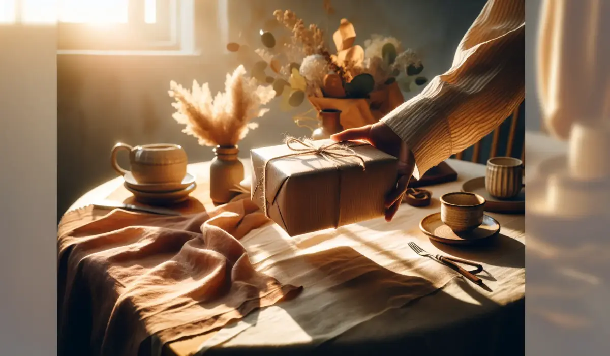 Wrapped gift on light wood table, woman’s hand offering parcel in warm morning light — livraison-express, cadeau