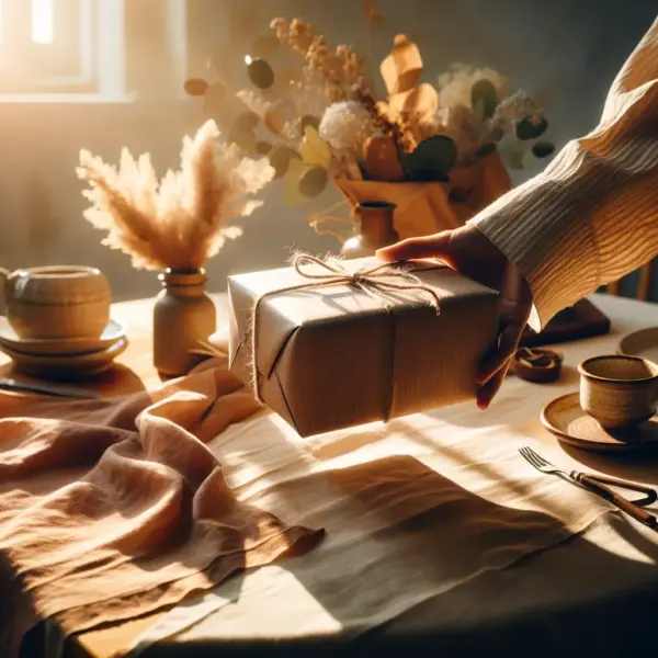 Wrapped gift on light wood table, woman’s hand offering parcel in warm morning light — livraison-express, cadeau