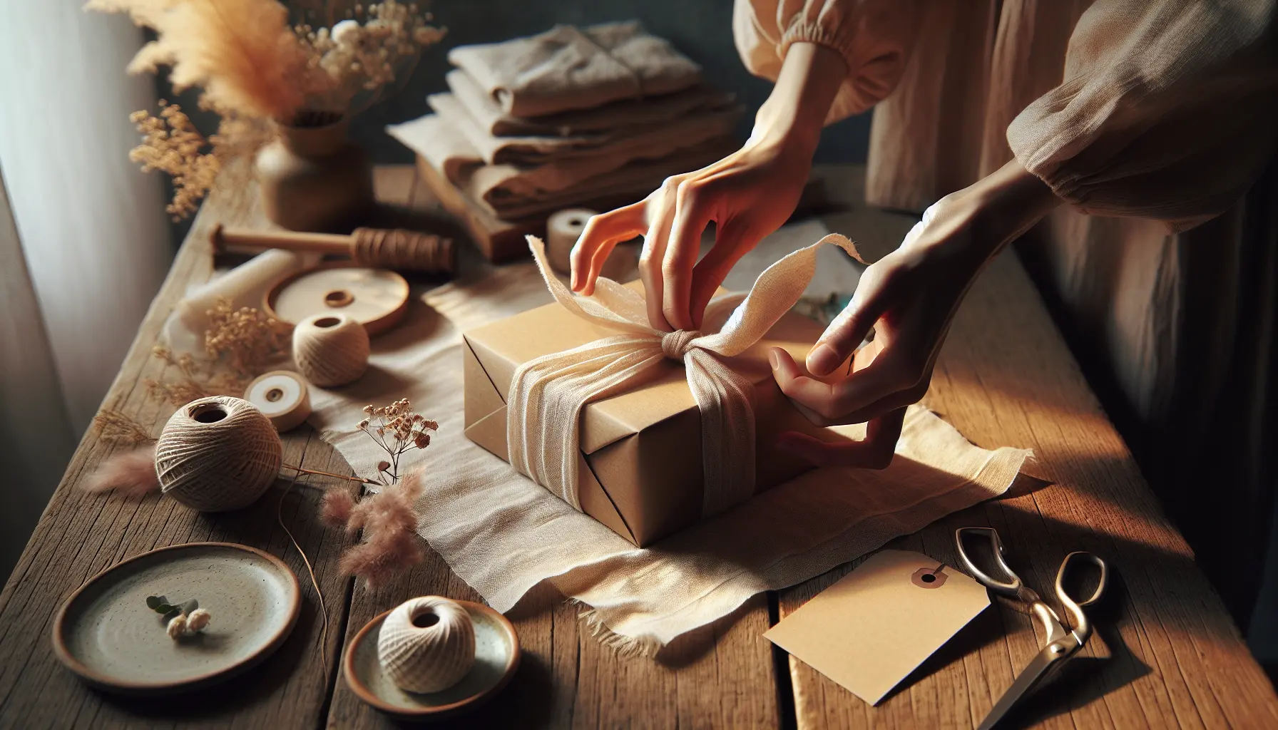 Close-up of adult hands tying a cotton ribbon around a kraft gift box, textured tissue paper and blurred kraft tag in pastel light. coffret mamie, emballage, cadeau