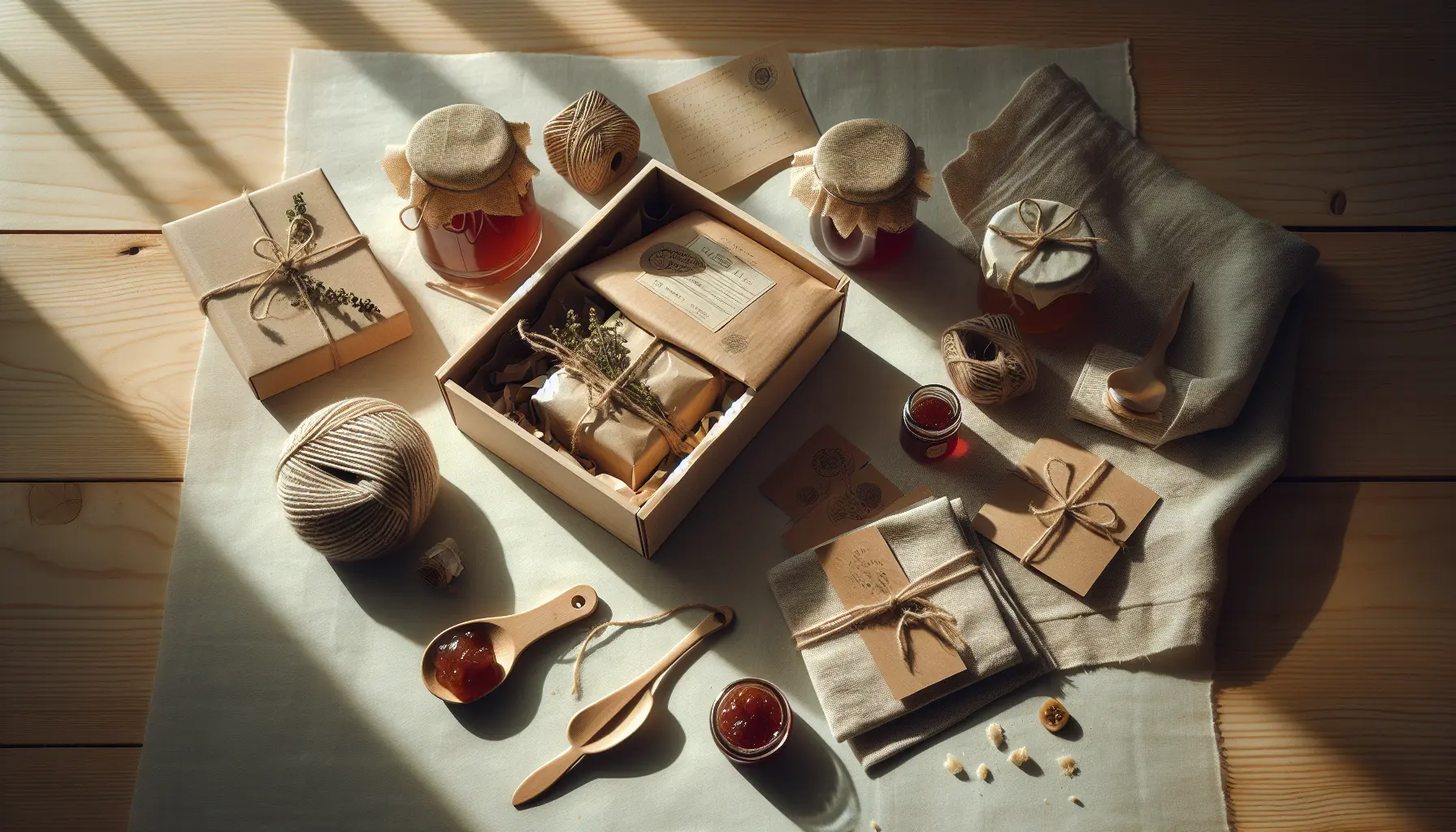 Gros plan sur coffret: papier kraft, ficelle, pot de confiture ouvert et mini carnet manuscrit, textures creme et vert sauge. coffret_cadeau gourmandise souvenirs
