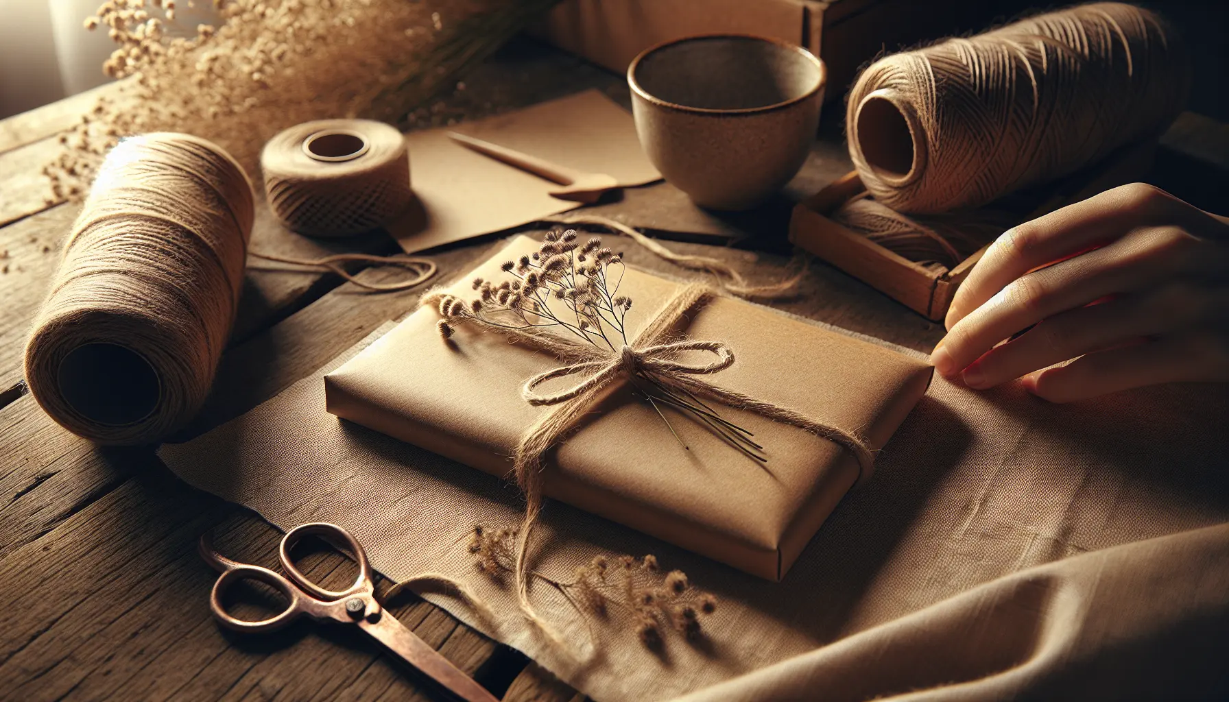 Close macro of kraft paper with a hand-tied ribbon and small card, soft warm textures — packaging, gift-wrap
