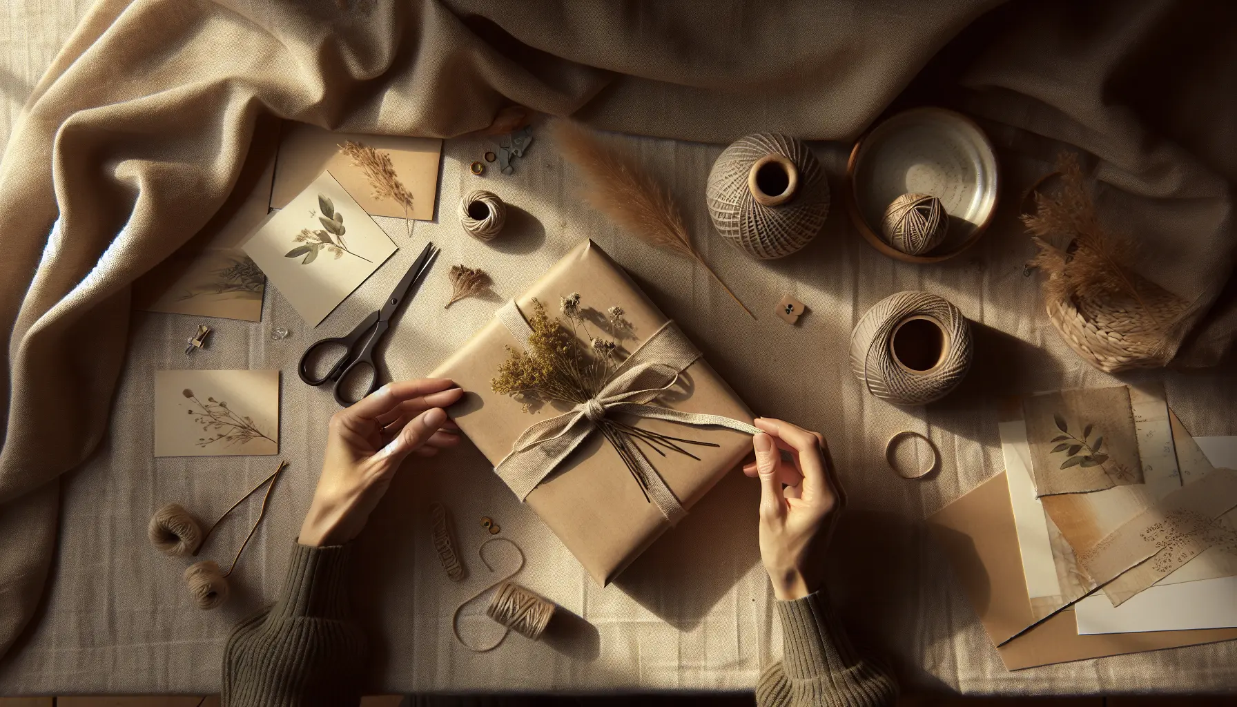 Mains adultes emballant un cadeau en papier kraft avec ruban en lin et branche sechee, ambiance atelier, emballage cadeau, DIY, cadeau romantique
