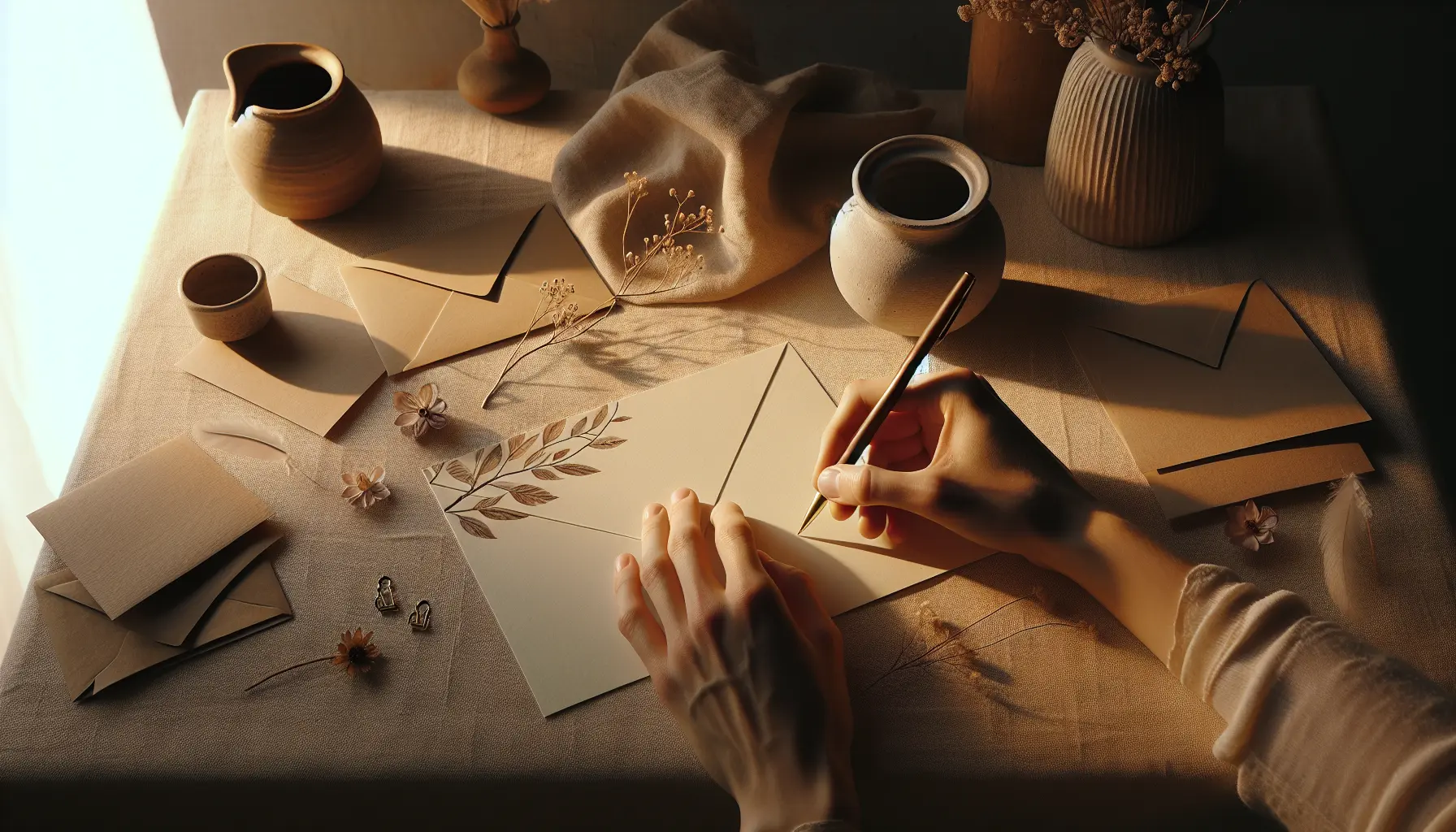 Close-up of a handwritten card on pale pink tissue paper, an anonymous hand holding a pen, visible paper texture and warm artisan light. keywords: carte manuscrite, emballage cadeau, surprise