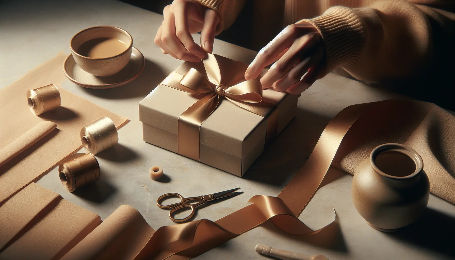 Emballage soigné pour cadeau livré — détail du ruban et texture