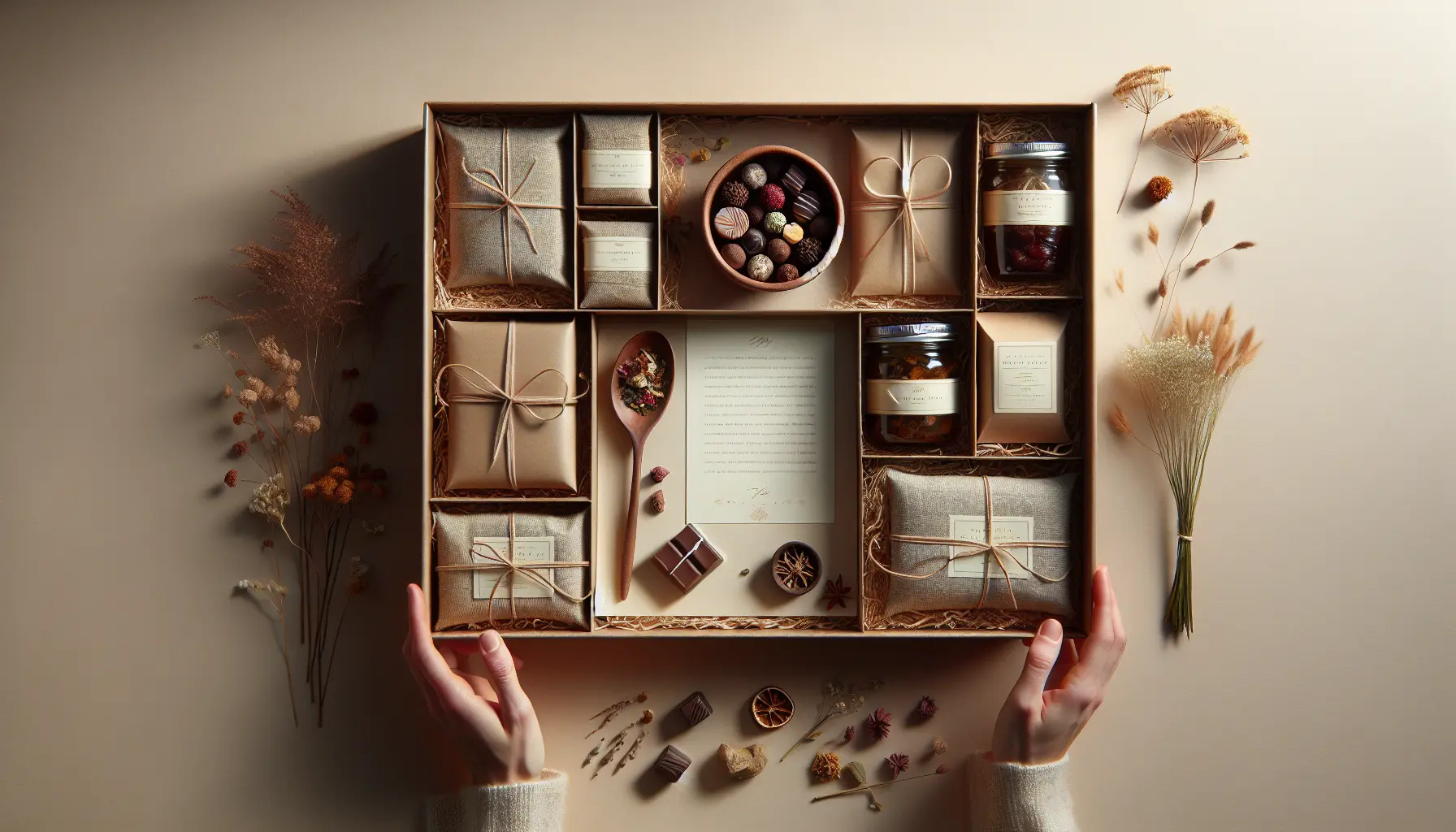 Three-quarter view of a neatly arranged gourmet gift box interior with chocolates, tea sachets and a jar of jam on a neutral background, soft light. coffret mamie, chocolats, confiture
