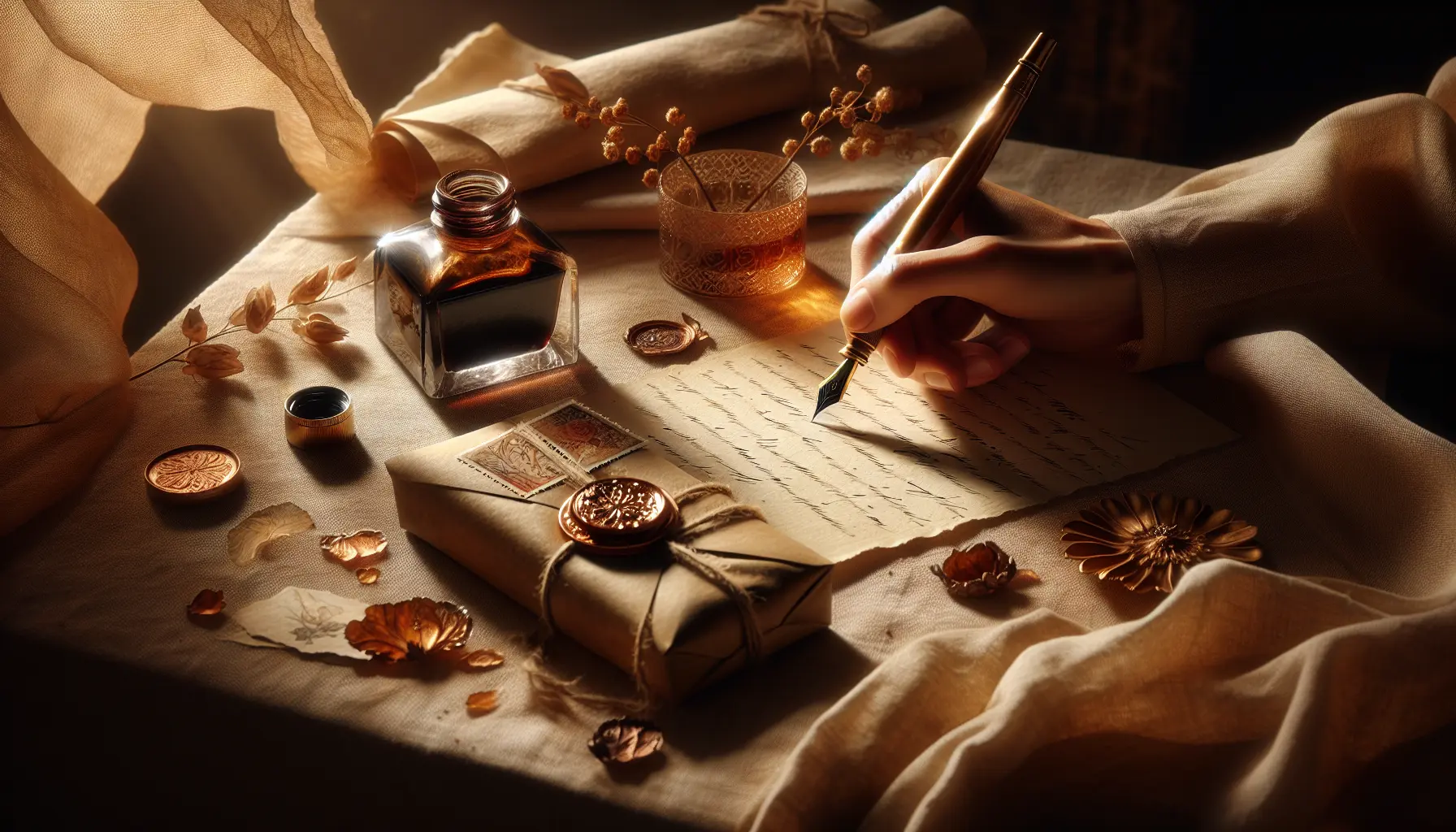 Main adulte ecrivant une carte manuscrite au stylo plume sur papier texture, enveloppe scellee et timbre floral, carte manuscrite, cadeau romantique