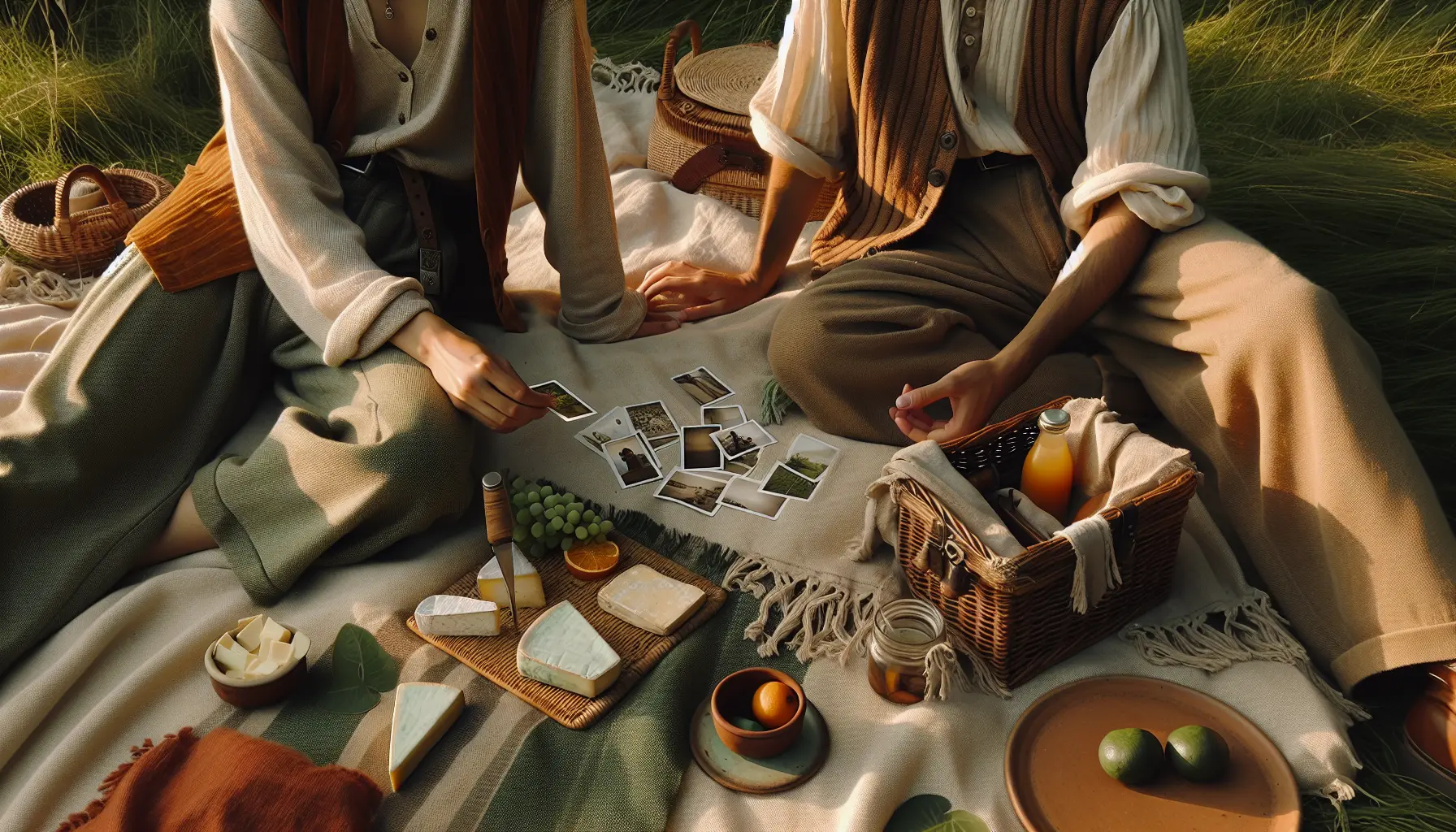Couple en pique-nique sur une couverture, polaroids et panier ouvert avec fromages et jus, lumiere douce et tons verts ocres. pique_nique polaroids moments_partages