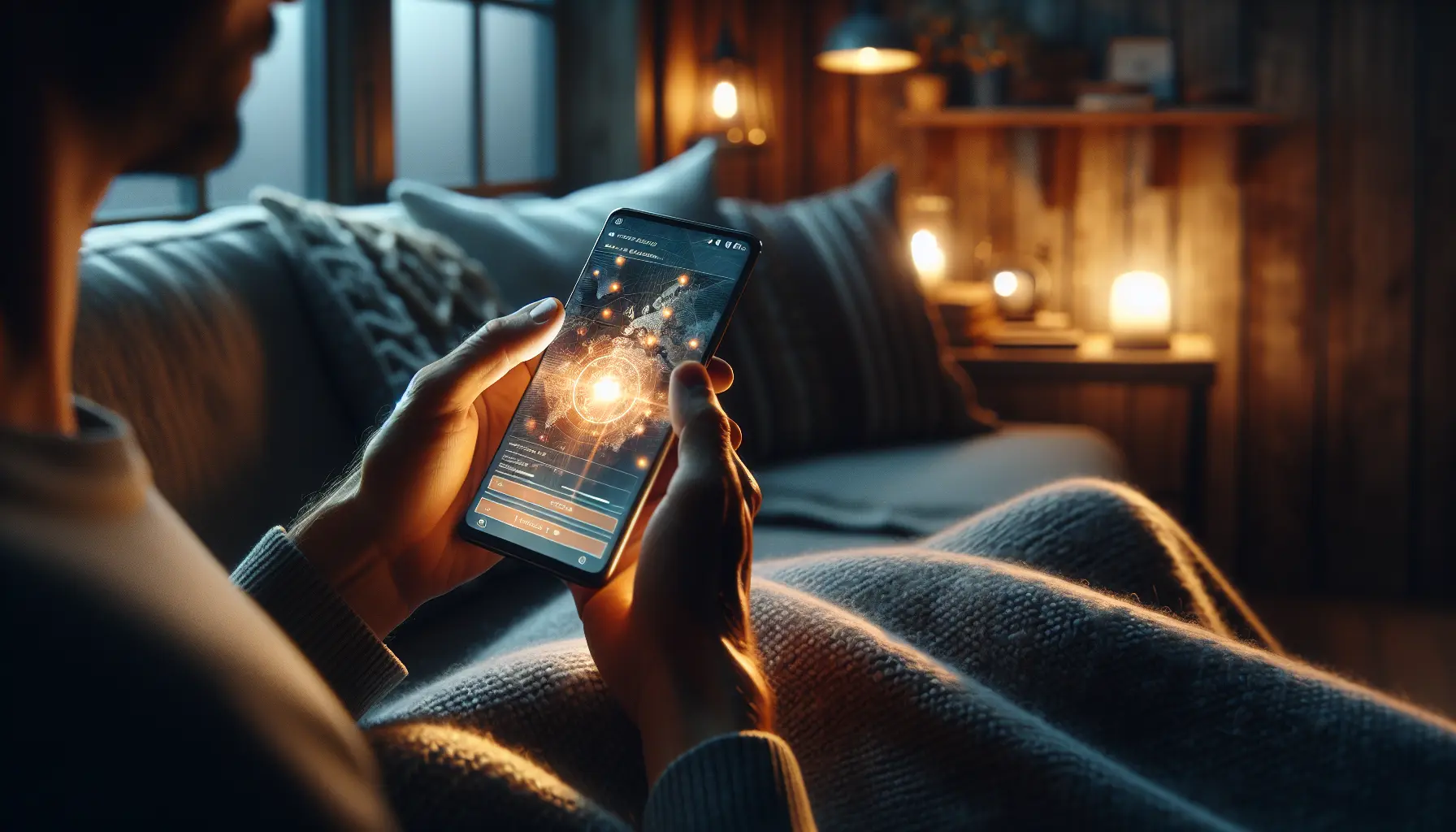 Hand holding smartphone with a blurred parcel tracking screen in a cozy interior — suivi-colis, smartphone