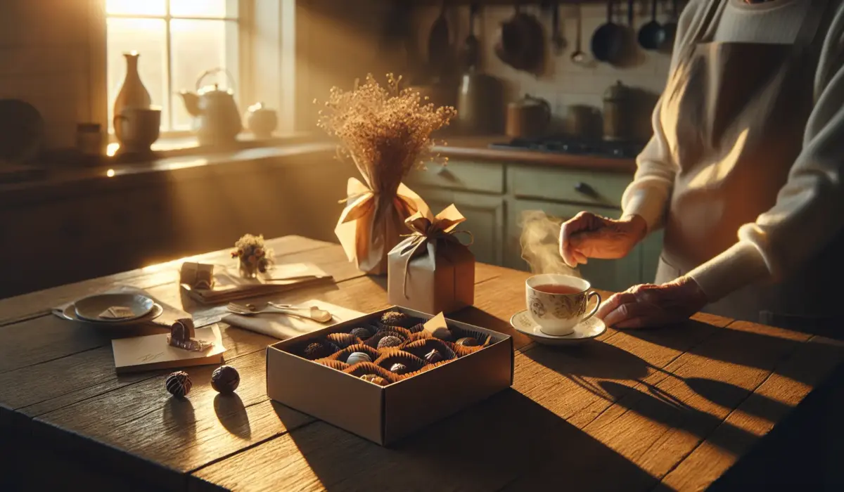 Anonymous elderly hand holding a steaming cup beside an open gift box with chocolates and tea sachets, warm golden light. coffret mamie, chocolats, thes