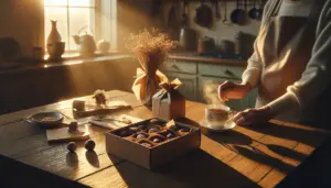 Anonymous elderly hand holding a steaming cup beside an open gift box with chocolates and tea sachets, warm golden light. coffret mamie, chocolats, thes