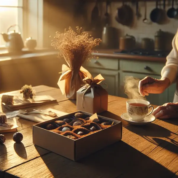 Anonymous elderly hand holding a steaming cup beside an open gift box with chocolates and tea sachets, warm golden light. coffret mamie, chocolats, thes