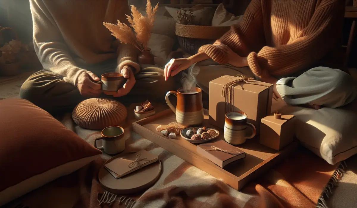 Couple sur plaid au coucher, tasses fumantes et coffret ouvert avec douceurs et petit carnet. idees_cadeaux detente gourmandise
