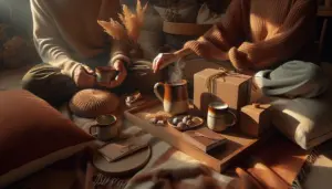 Couple sur plaid au coucher, tasses fumantes et coffret ouvert avec douceurs et petit carnet. idees_cadeaux detente gourmandise