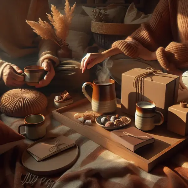 Couple sur plaid au coucher, tasses fumantes et coffret ouvert avec douceurs et petit carnet. idees_cadeaux detente gourmandise