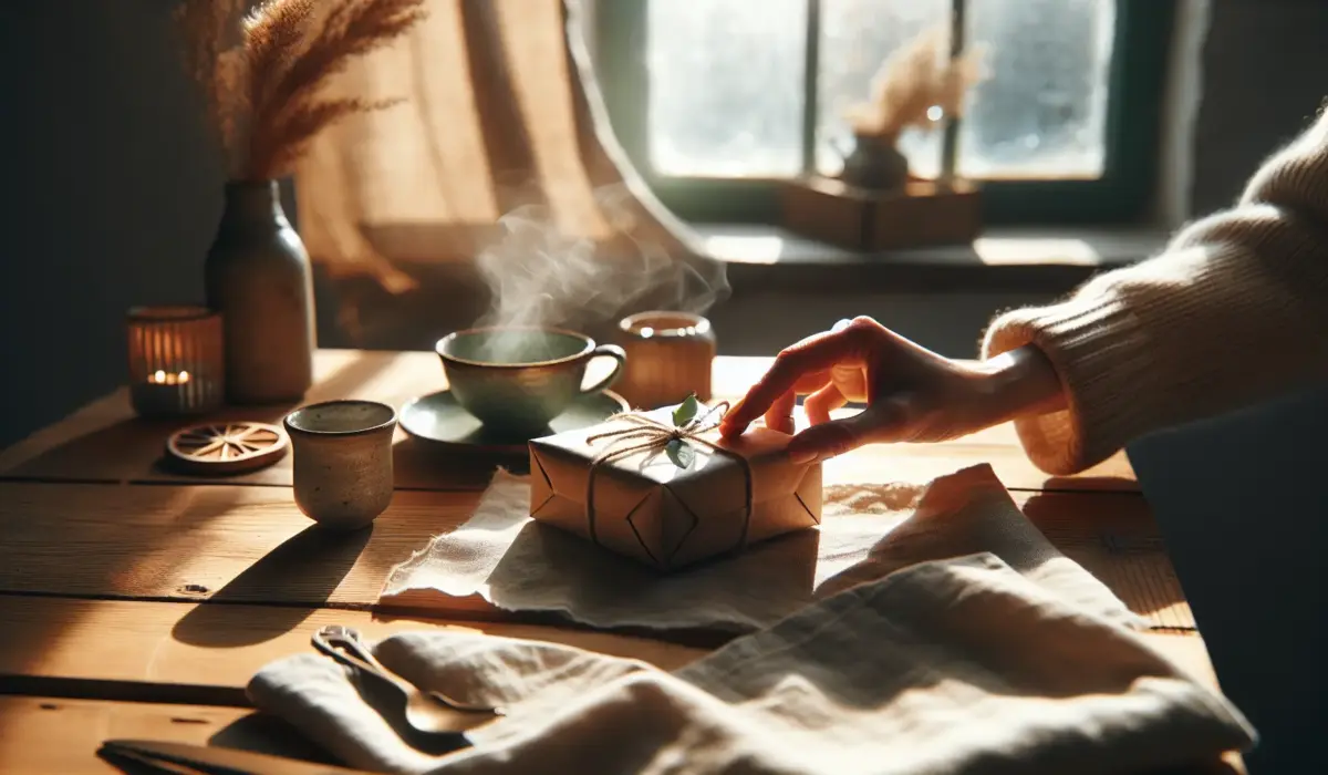 Hand placing a gift box on a light wooden table with blurred teacup and warm string lights; mise-scene, emballage