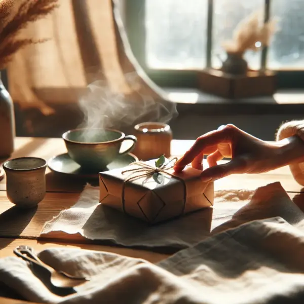 Hand placing a gift box on a light wooden table with blurred teacup and warm string lights; mise-scene, emballage