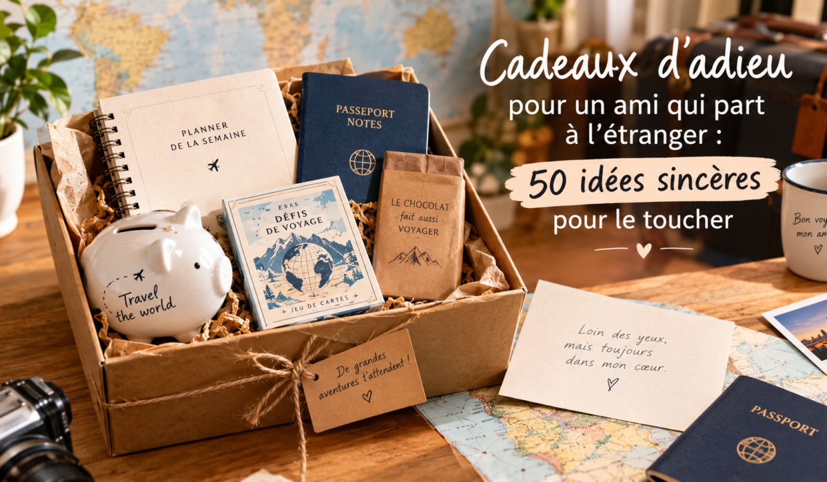 Coffret cadeau de départ à l’étranger avec carnet de voyage, passeport notes et souvenirs personnalisés