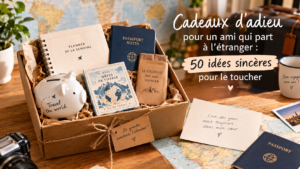 Coffret cadeau de départ à l’étranger avec carnet de voyage, passeport notes et souvenirs personnalisés