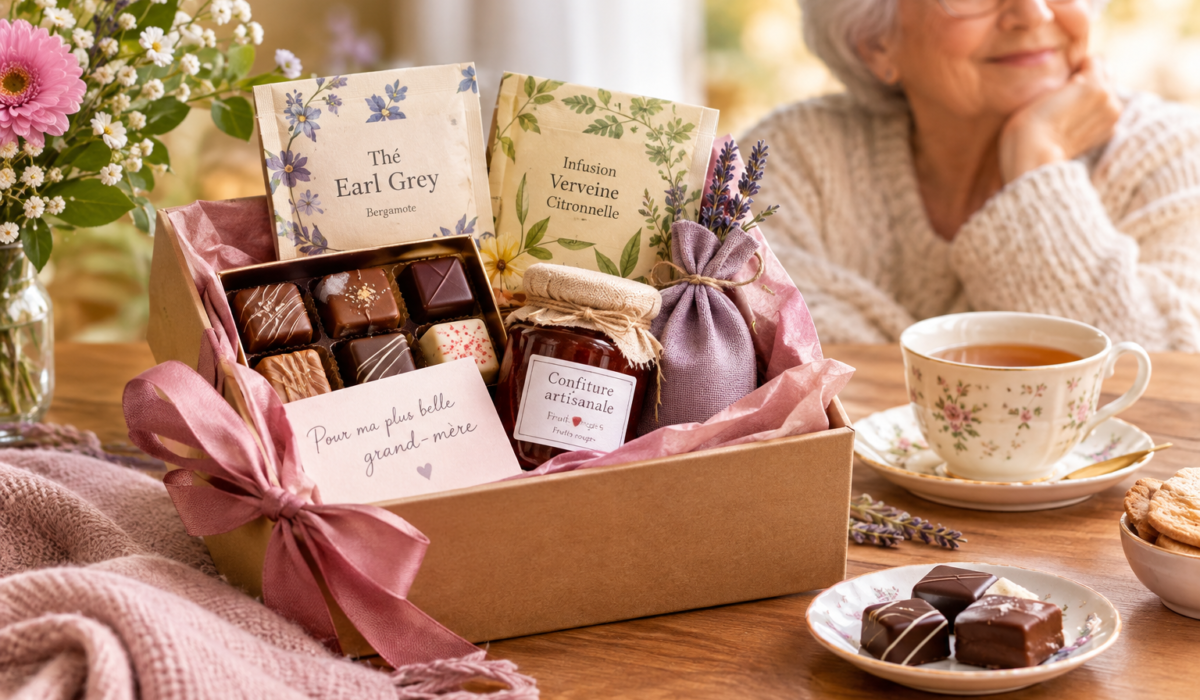 Coffret cadeau pour Mamie avec chocolats, thés, confiture artisanale et douceurs gourmandes