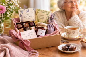 Coffret cadeau pour Mamie avec chocolats, thés, confiture artisanale et douceurs gourmandes
