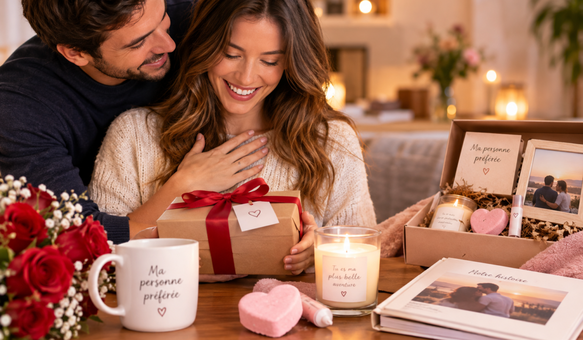 Couple amoureux partageant un moment romantique autour d’un cadeau pour sa femme