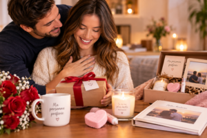 Couple amoureux partageant un moment romantique autour d’un cadeau pour sa femme