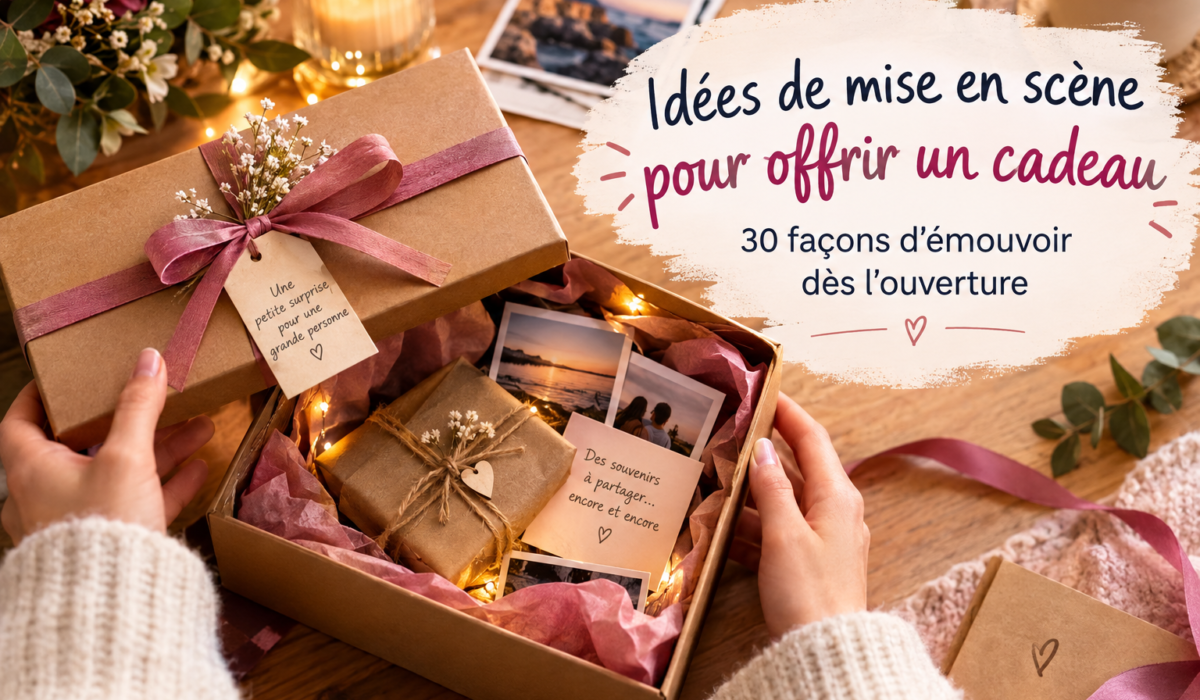 Boîte cadeau ouverte avec photos, mots manuscrits, fleurs et guirlande lumineuse pour une mise en scène émouvante