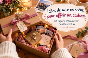 Boîte cadeau ouverte avec photos, mots manuscrits, fleurs et guirlande lumineuse pour une mise en scène émouvante