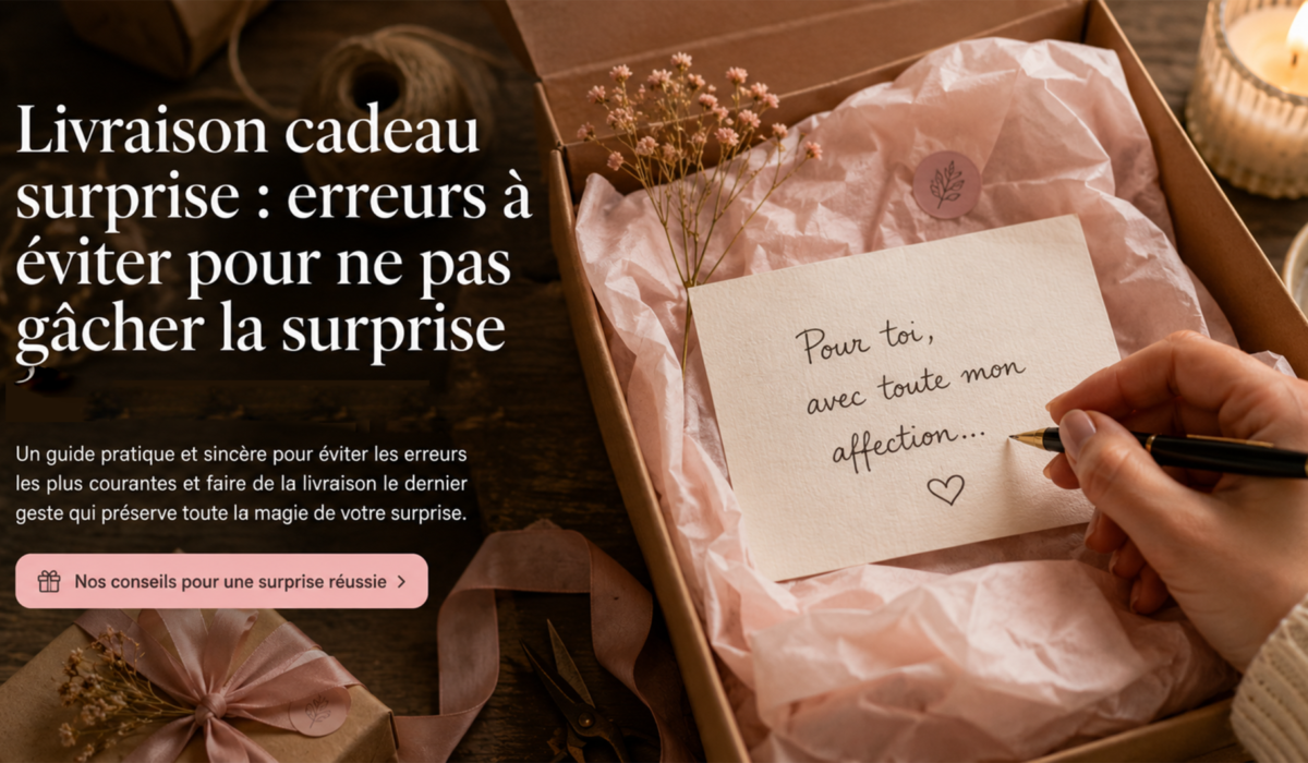 Coffret cadeau ouvert avec carte personnalisée manuscrite et emballage soigné pour une livraison cadeau surprise