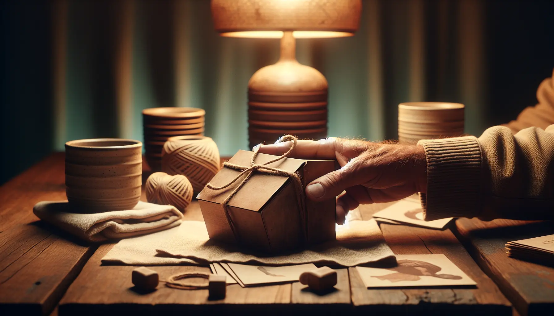 Close-up of textured hands exchanging a paper card from a gift box, blurred cups and warm lamp behind. coffret, cadeau