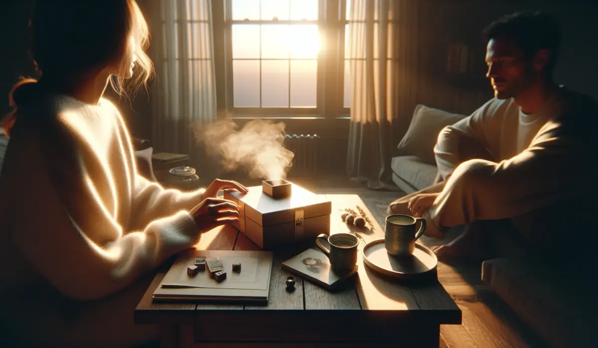 Anonymous couple opening a gift box on a wooden table at golden hour, hands holding a card. coffret, soiree, cadeau