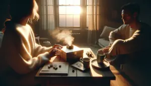 Anonymous couple opening a gift box on a wooden table at golden hour, hands holding a card. coffret, soiree, cadeau