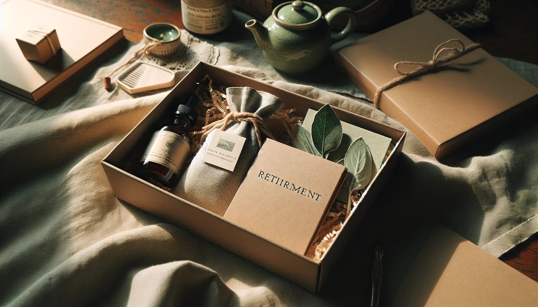 Closeup of a retirement gift box on sage linen, paper and fabric textures visible — coffret retraite, textures