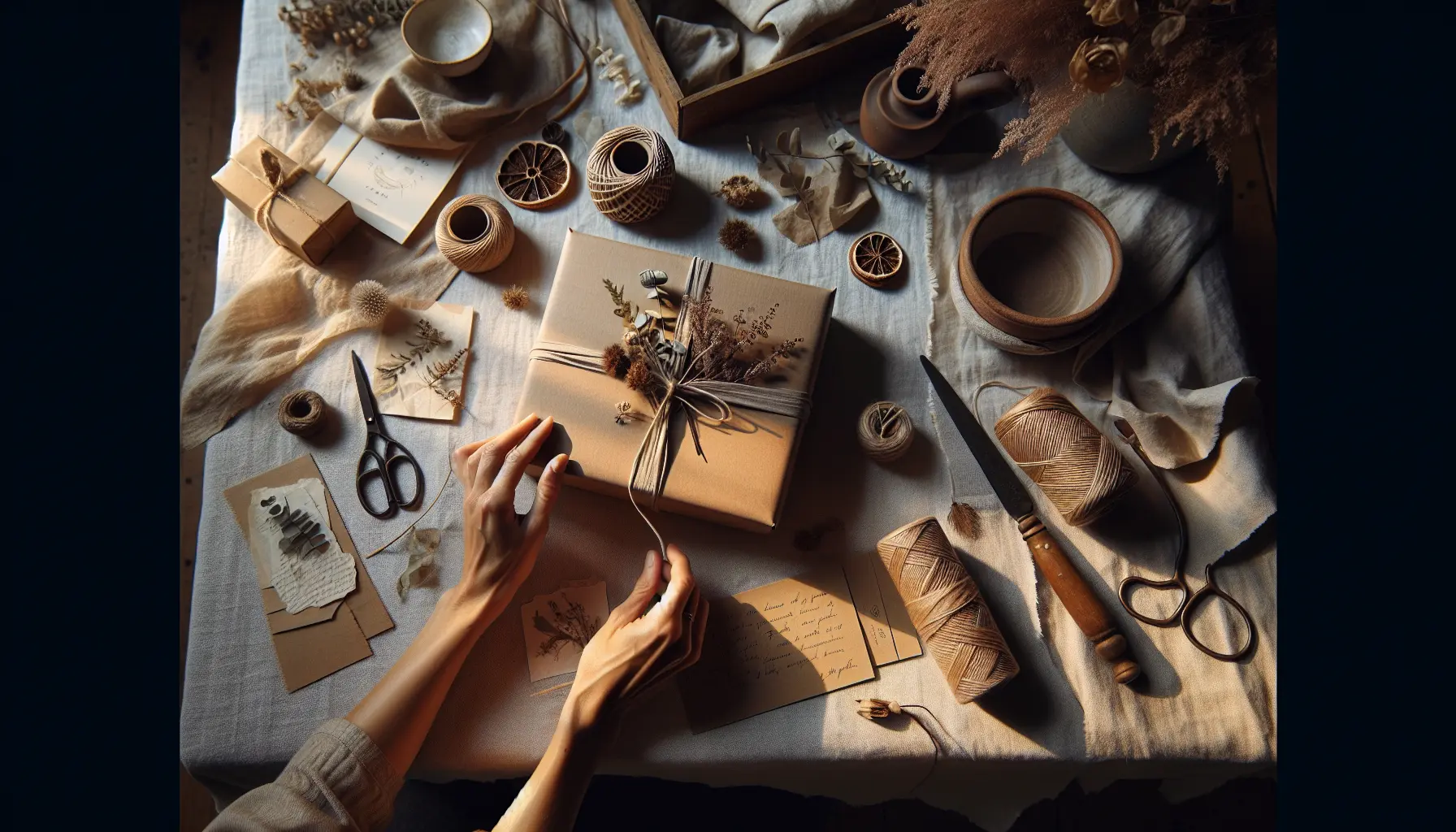 Flatlay of hands wrapping a gift in kraft paper with ribbon and dried sprig — emballage cadeau, coffret retraite