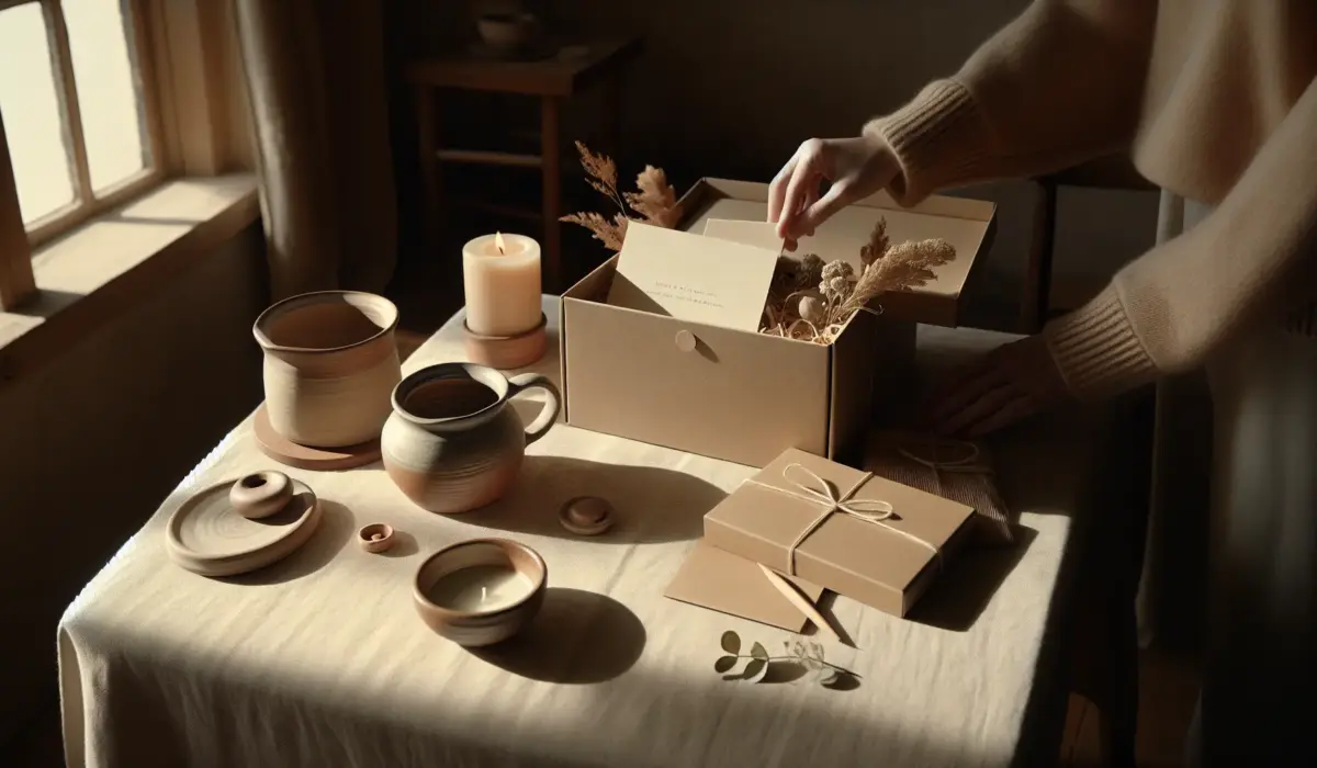 Warm morning scene of an open retirement gift box on a wooden table, hand placing a card — cadeau retraite, coffret retraite