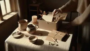 Warm morning scene of an open retirement gift box on a wooden table, hand placing a card — cadeau retraite, coffret retraite